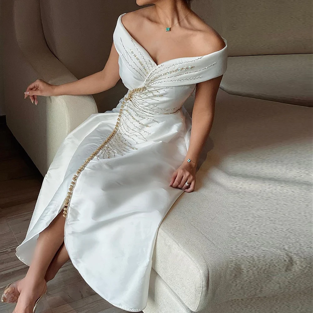 Elegant Off the Shoulder Delicate Beaded Bridal Gown Dubai Arabic Ankle Length A Line Wedding Dresses