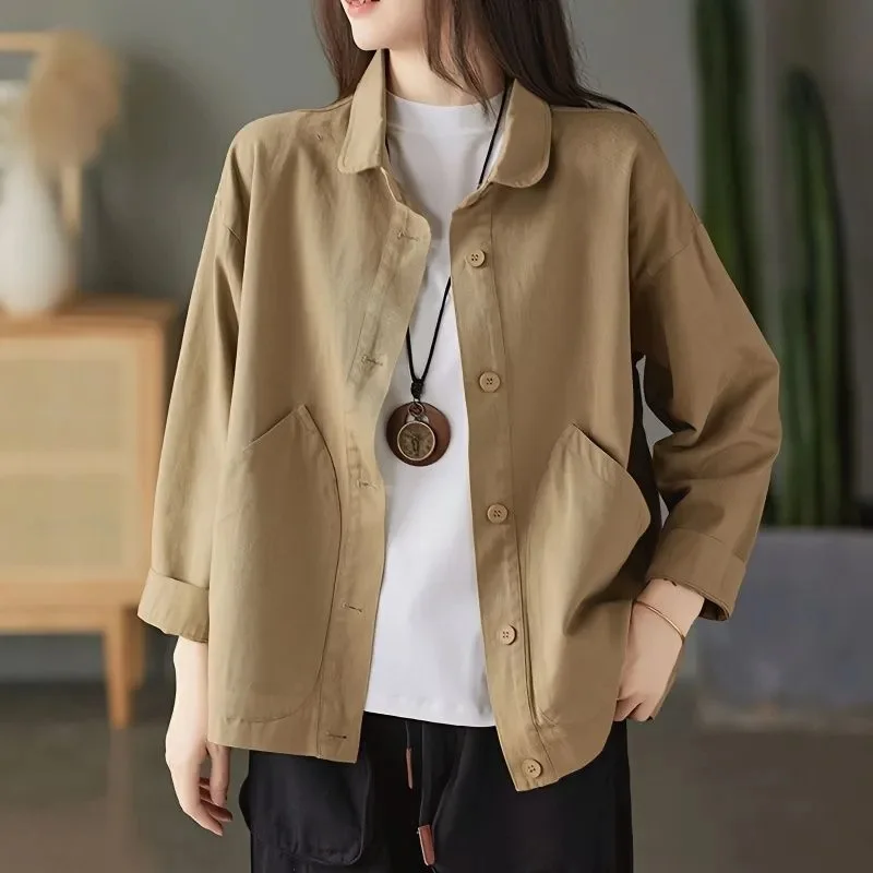 

Spring And Autumn Season Art Retro Simple Twill Cotton Solid Pocket Single Breasted Loose And Versatile Women's Shirt Coat