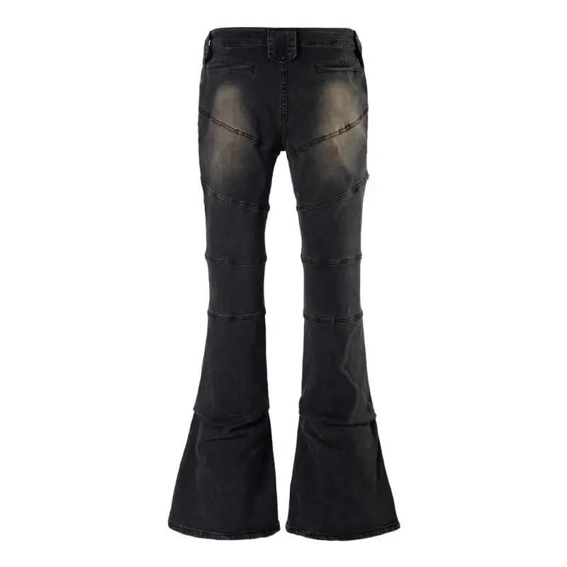 American Retro Design Micro Flare Men's Cargo Jeans Loose Straight Long Denim Trousers Multi Pocket Casual Bottoms VD5G1