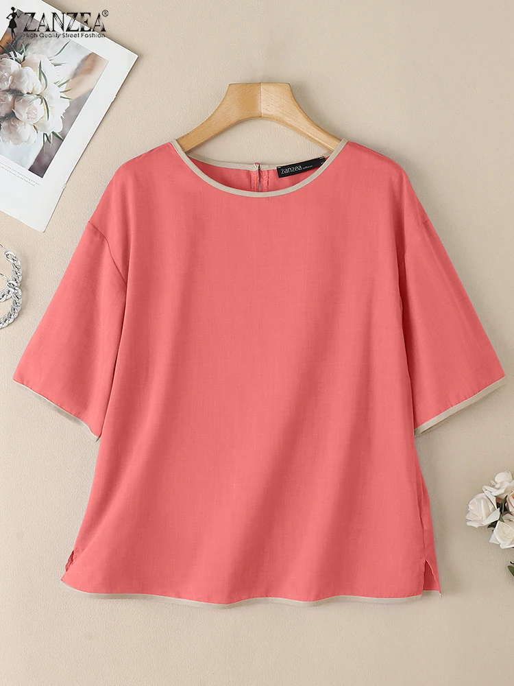 

2025 ZANZEA Women Summer Contrast Color Blouse Casual Loose Shirt O Neck Short Sleeve Tunic Tops Elegant Work OL Blusas Oversize