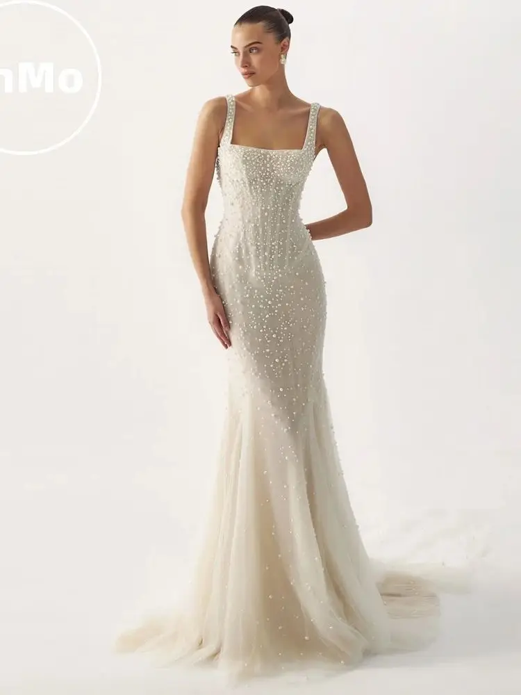 Ranmo Mode Kant Trouwjurk Dames Zeemeermin Bruidsjurken Spaghettibandjes Parels Hofsleep Aangepaste vestidos de novia - afbeelding 2