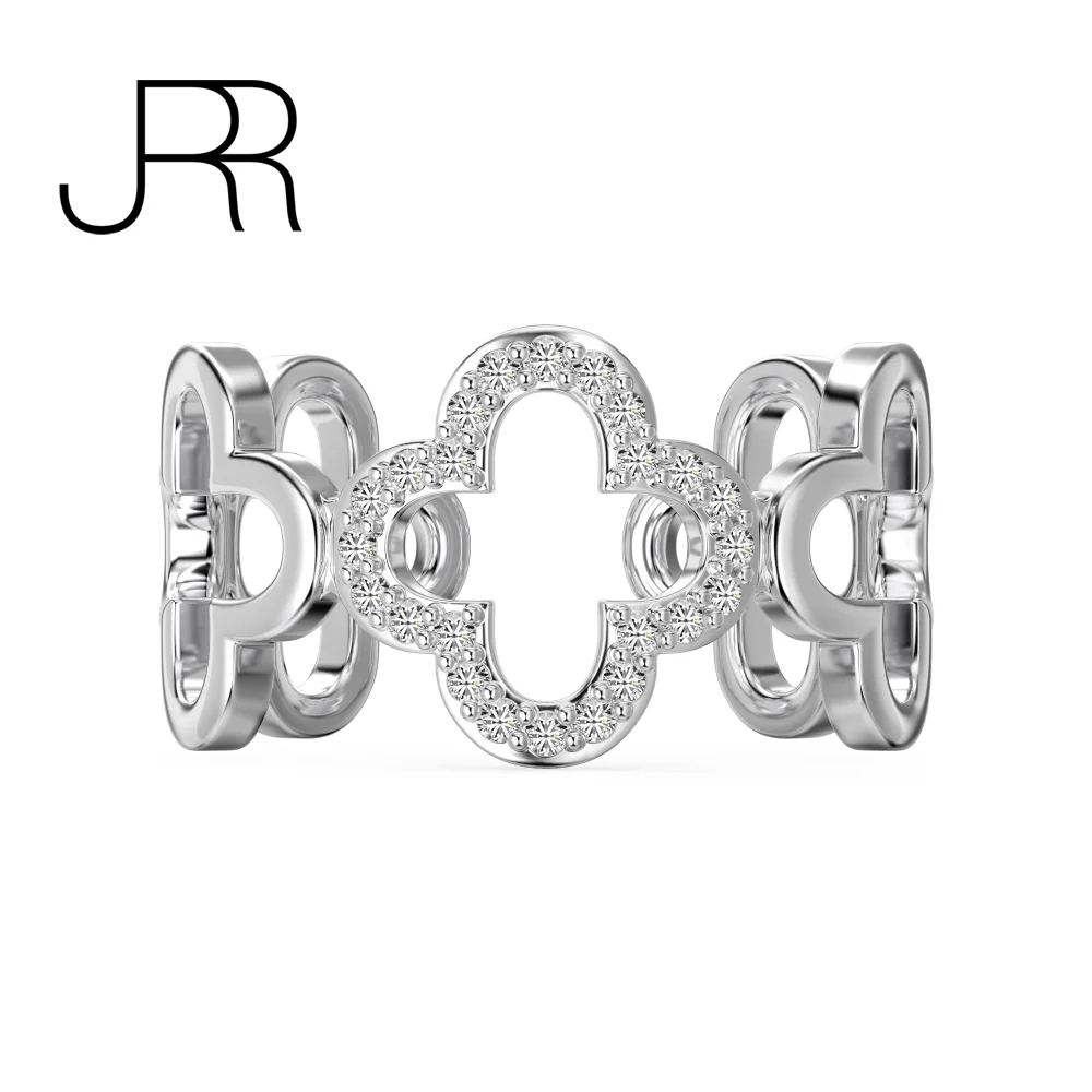 JRR Surround Hollow 925 Sterling Silver Four Leaf Clover Gemstone Diamond Engagement Wedding Ring For Girl's Gift Free Shipping