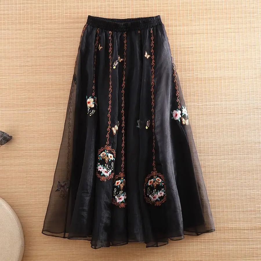 Summer New Chinese Style Retro Midi A-line Skirt for Women Heavy Embroidery Vintage Fairy High Waist  Loose Long Skirt Vintage