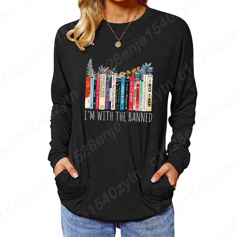 Women Popular Blouse Books I'm With The Banned Print Loose Long Sleeve T-Shirt Solid Color Sweatshirts Trendy Crew Neck Pullover