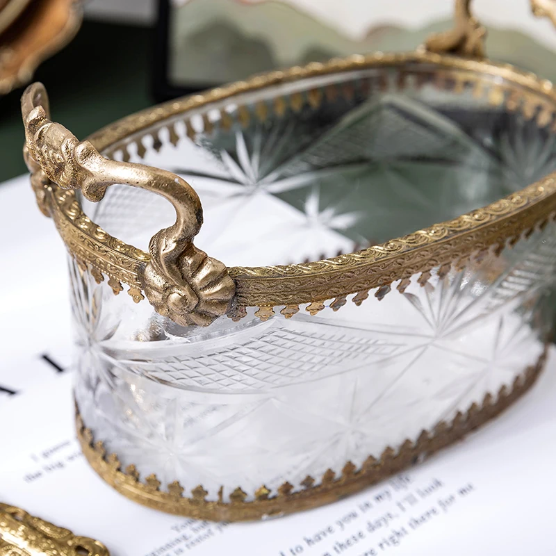 

European imported brass with carved glass light luxury jewelry makeup pen storage box dry fruit snack plate