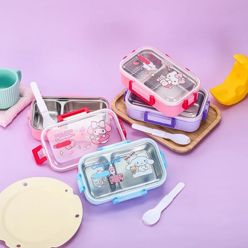 

Sanrio Cinnamoroll Hello Kitty Anime Kawaii Children Stainless Steel Household Dining Plates Cute Kuromi Lunch Boxes Gifts