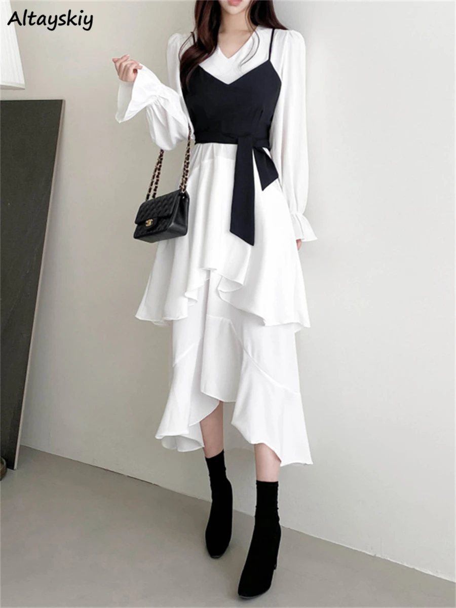 

Women Sets V-neck Midi Dress Flared Sleeve Irregular Ruffles Elegant Spring Summer Streetwear Gentle Two-piece Popular Daily Ins