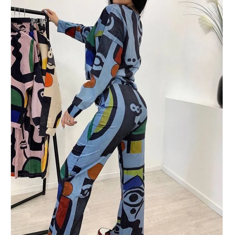 Moda graffiti impressão t camisa calças compridas conjunto feminino primavera outono novo esporte solto em linha reta através de calças compridas feminino 2 peça conjunto