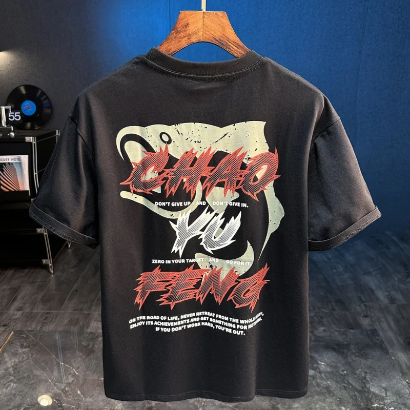 

2025 summer new loose plus trendy short sleeved T-shirt for men, fashionable street printed casual round neck top