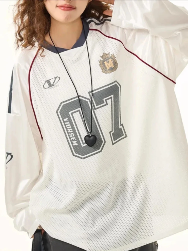 

Autumn Fashion Y2K T-Shirt Retro No 07 Letter Print Graffiti Plaid Jersey Loose Sports T-Shirt Women Hip Hop Punk Street Tops