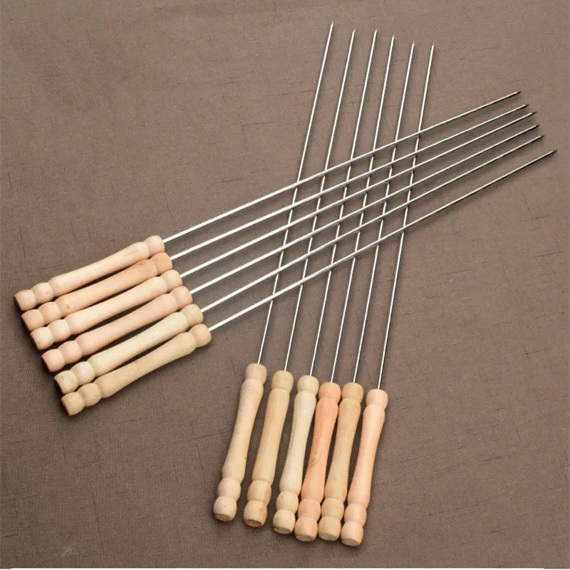 38CM Hot BBQ Skewers Long Handle Shish Kebab Barbecue Grill Sticks Wood BBQ Fork Stainless Steel Outdoor Bold Round Sign Needle