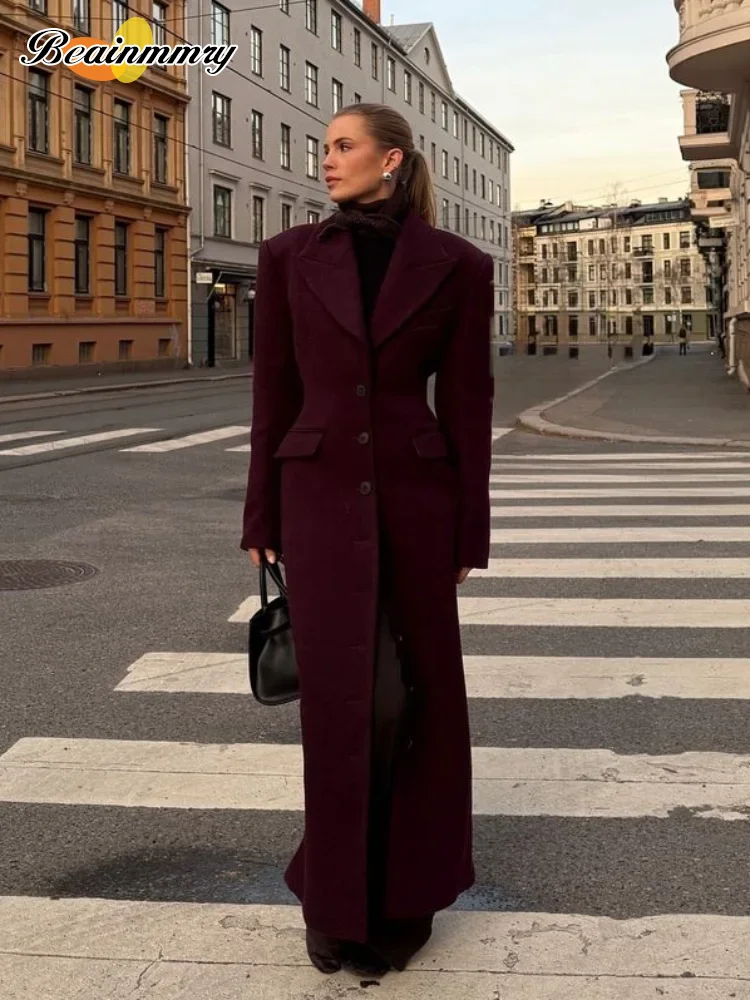 Fashion High Waist Flap Pockets Long Coats Elegant Burgundy Lapel Single Breasted Wool Blends Overcoat New Lady Street Outerwear