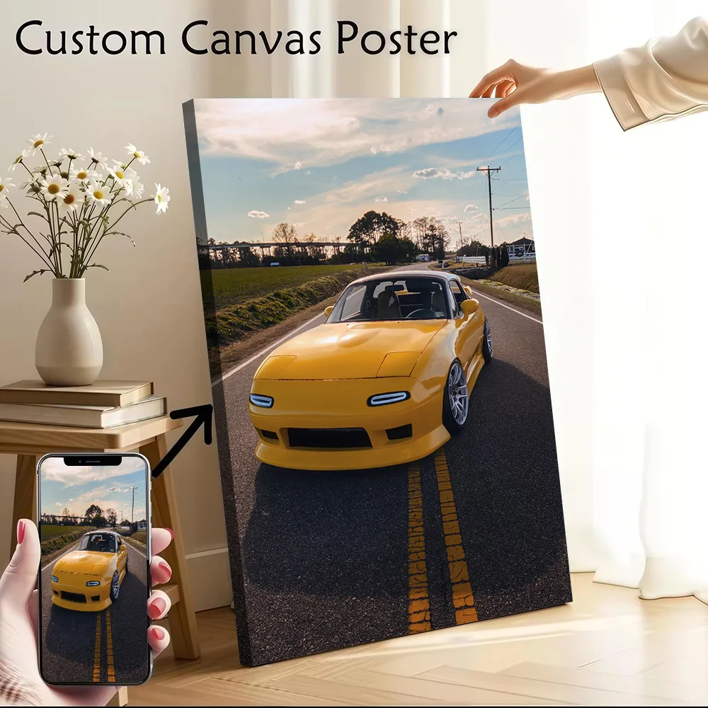 Yellow Sports Car Miata on Road Canvas Poster Customizable Printed Canvas Painting Wall Art for Fans Room Decorating Interior