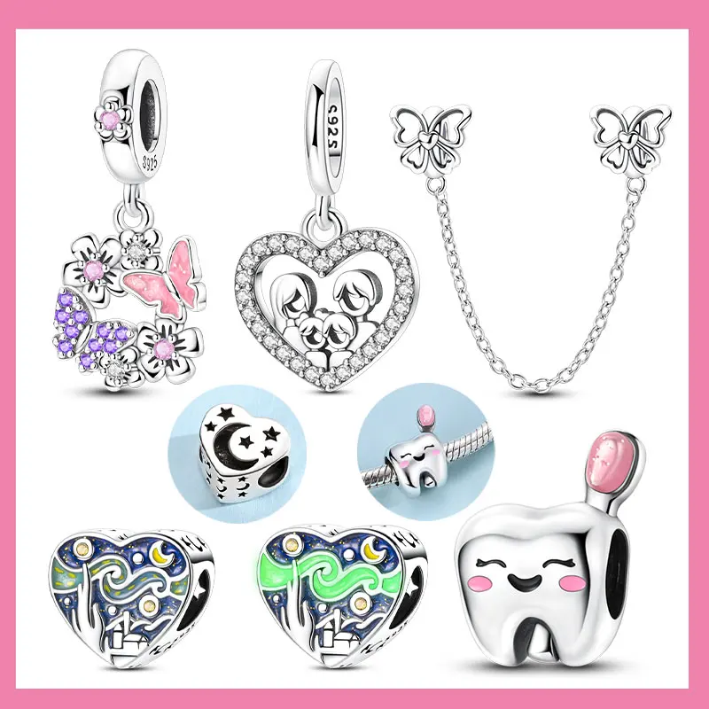 

Charms 925 Sterling Silver Butterfly Garland Safety Chain Cute Teeth Heart Charms Beads Fit Original Bracelet Fine DIY Jewelry