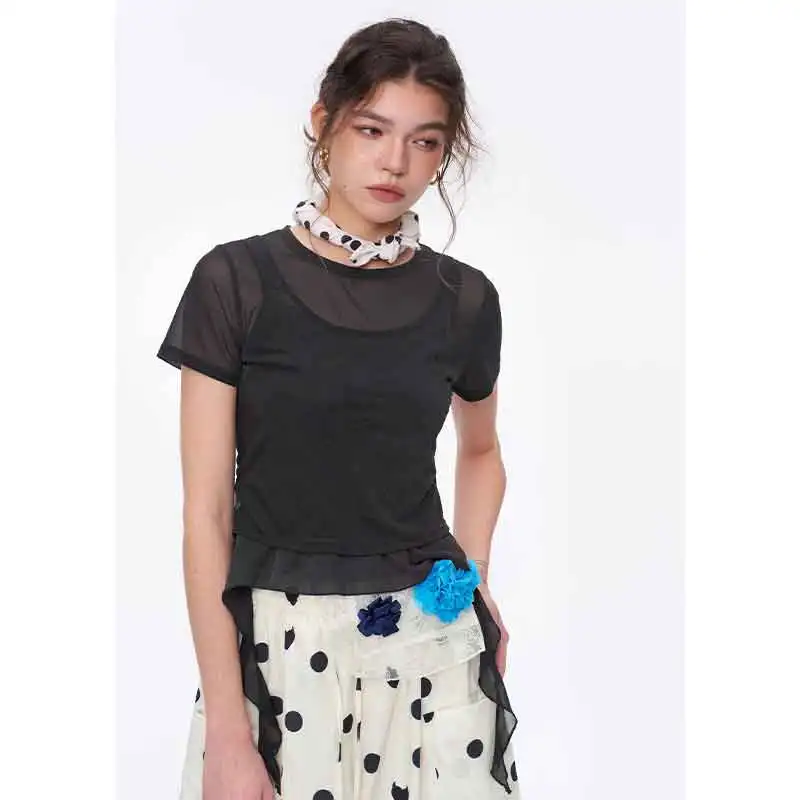 ELFSACK Women's 2-in-1 Floral Mesh Layered T-Shirt, Irregular Hem Ruched Short Sleeve Top, Sweet Coquette Style Casual Tee