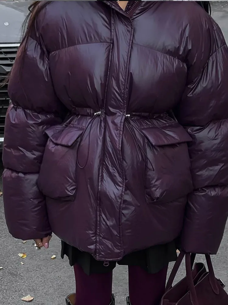 2024 neue Burgund Winter Warme Daunen Jacke Frauen Elegante Stehkragen Spitze Up Tasche Baumwolle Mäntel Herbst Weibliche Straße Oberbekleidung