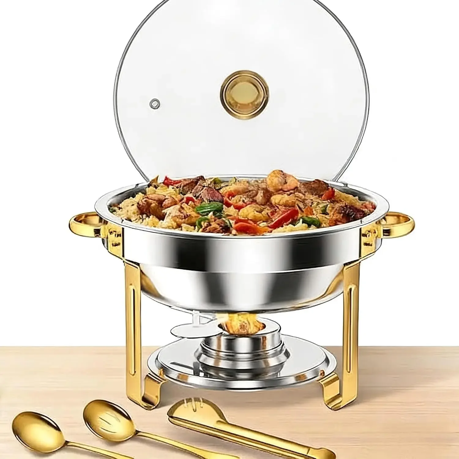 2/4pcs Luxury Hanging Stainless Steel Chafing Dish with Glass Lid, Buffet Food Warmer for Wedding Banquet