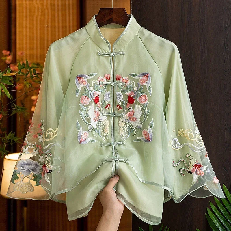 Retro Chinese Style Embroidered White Shirt for Women In Spring Elegant Traditional Tang Decoration Green White Top for Women