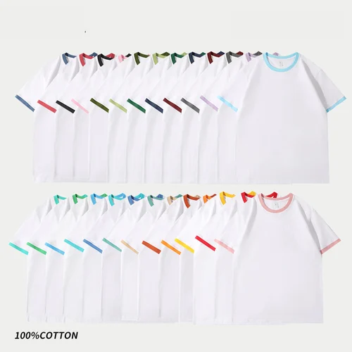 Imagen 2 del producto Camiseta de algodón pesado de 210G para hombre, camiseta de manga corta con cuello redondo y borde para hombre, camiseta con empalme de Color contrastante para hombre, camisetas