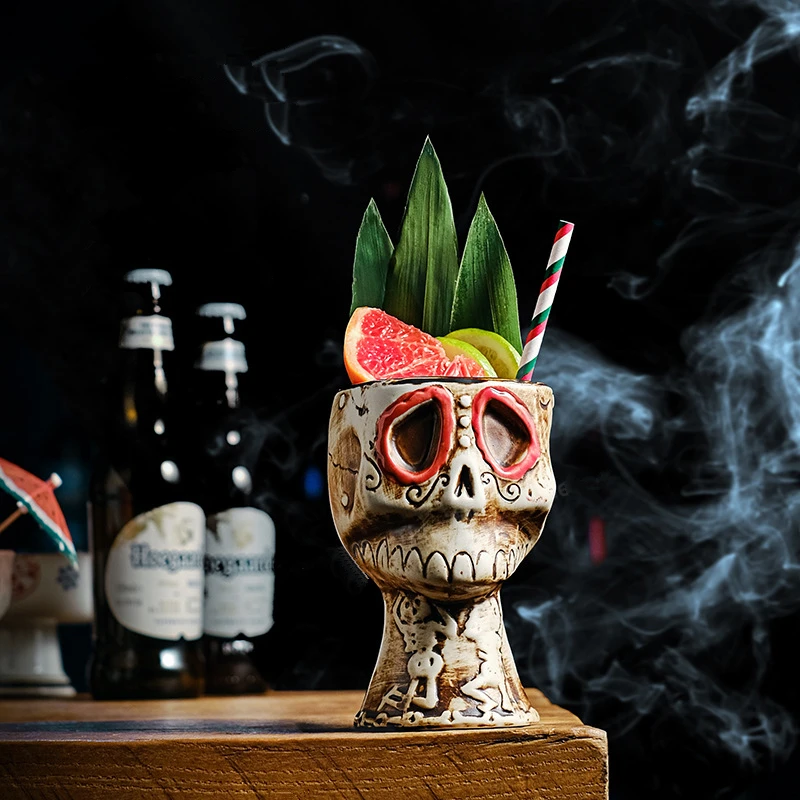 Halloween Skull Ceramic Mug - USA Creative Bar TIKI Skull Cocktail Glass Funny Vintage Drinking Goblet for Mixed Wine & Beer