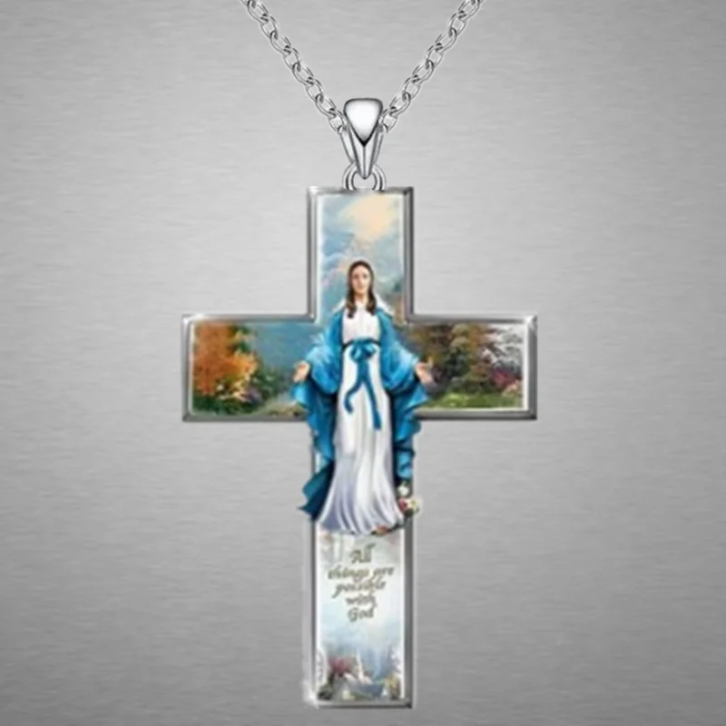 Vintage Women Cross Pendant Religious Belief Jesus Cross Painted Sticker Pendant Charm Necklaces for Women Cross Jewelry Gift