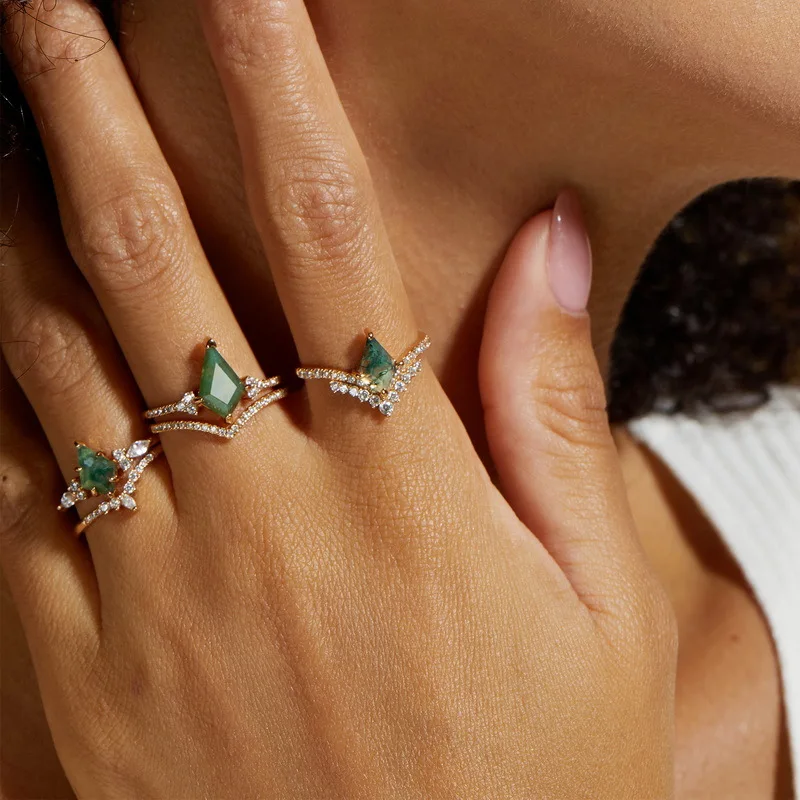 Fashion Kite Cut Moss Agate Ring Sterling Silver Gold Plating Stacking Rings Accented Rings for Unisex Wedding Party