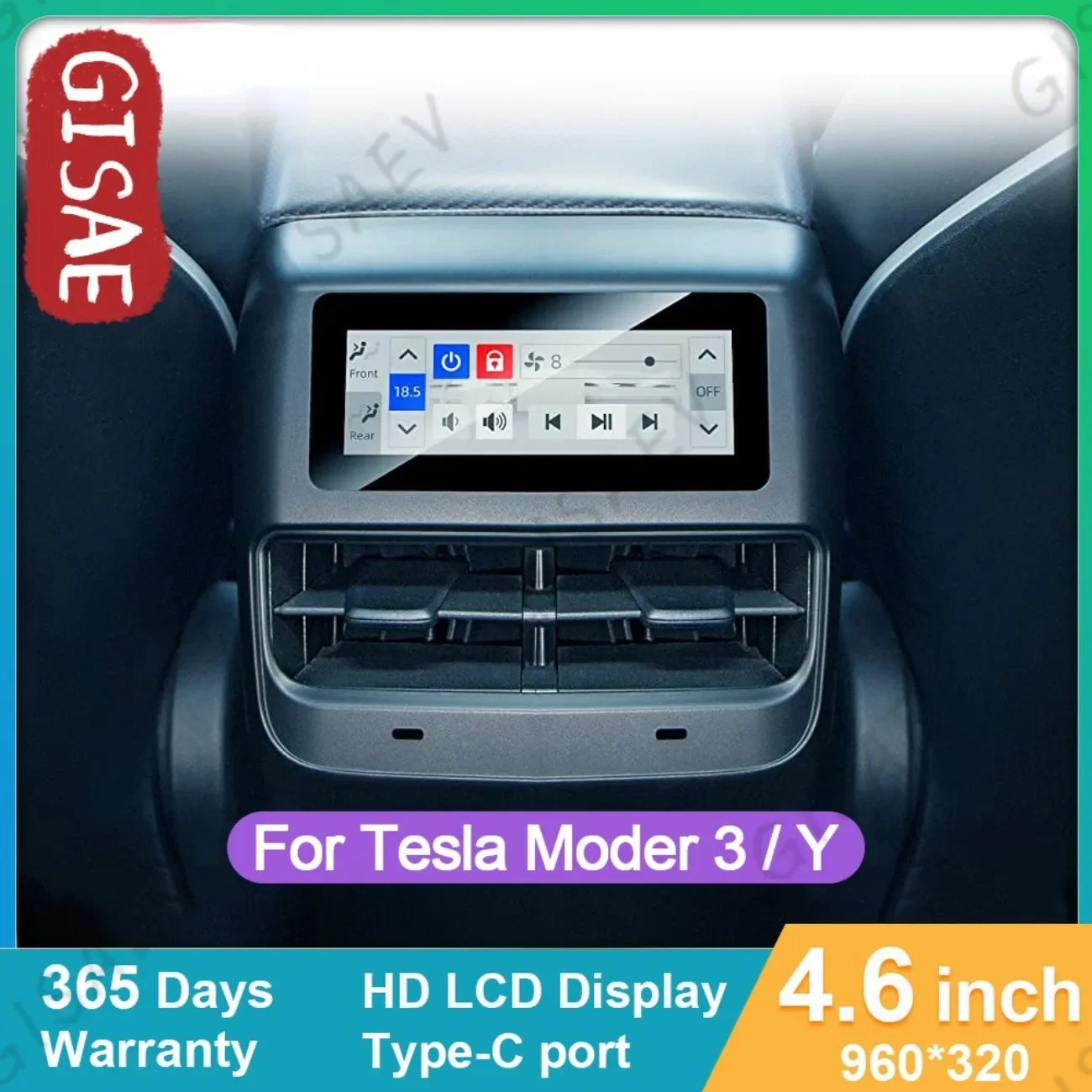 GISAEV Rear Seat Display for Tesla Model 3 Y 4.6 inch Multifunction Player IPS Touch Screen Air Conditioner Control Panel Carpla