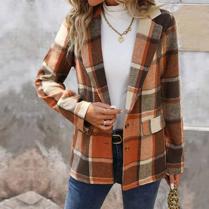 2025 Autumn Winter Plaid Fleece Lined Casual Loose Women's Business Suit Jacket Vintage Style Polyester Fiber Long Sleeve