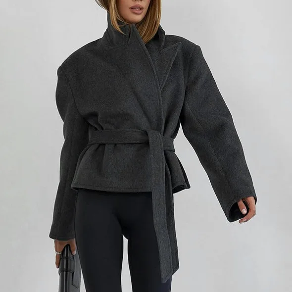 KIDCRKJ 多用途春女性ウールコートダークグレーノッチ襟ルーズベルト付きレディジャケットハイストリートカジュアル女性アウター