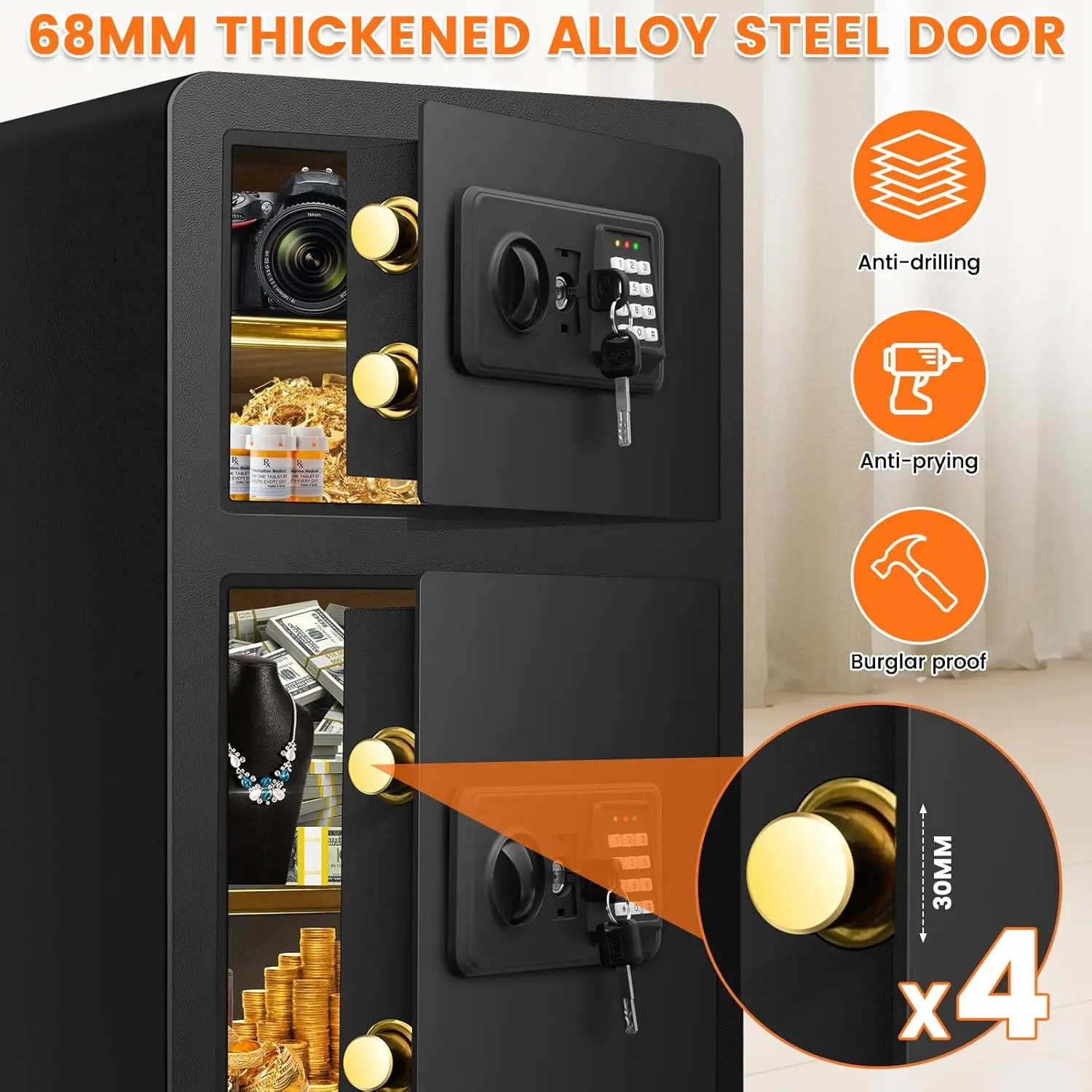 7.9 Cuft Large Safe Box Fireproof Waterproof, Fire Proof Safe With Dual Door, Digital Keypad, Removable Shelves, Hidden Compartm