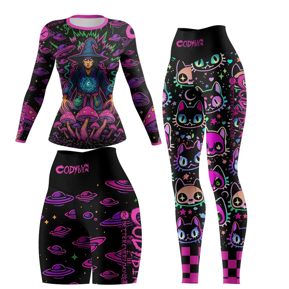 Women MMA Compression Sportswear Boxing Rash Guard T-Shirt+Pant Set UPF 50+Polyester/Spandex Grappling MMA BJJ Jiu Jitsu Shorts