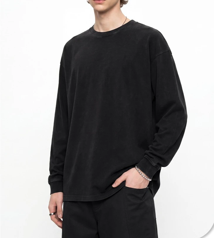 2026 Autumn Batik 275G Heavy Cotton Long Sleeve Sweater Men's Double Yarn Retro American Threaded Crew Neck Top Men's