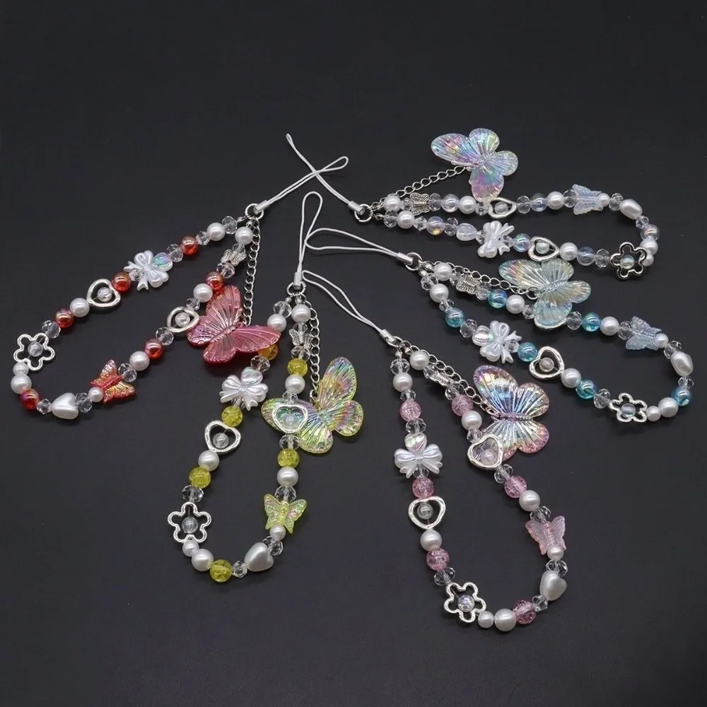 Ästhetischer Glänzender Perlen-Schlüsselanhänger Schillernder Holografischer Schmetterling Handy-Handgelenkriemen Vierfarbige Acryl-Lanyard-Kette Geschenk – Detail 5