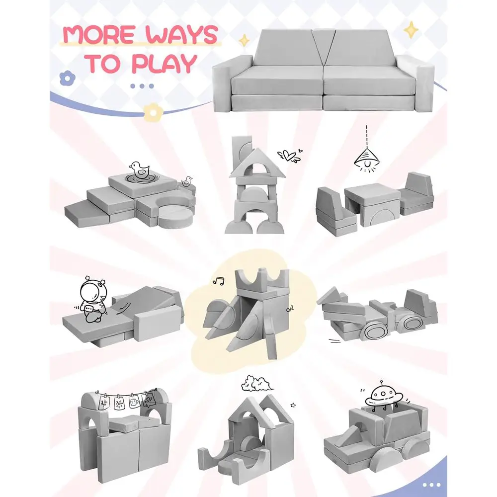 Conjunto de sofá infantil modular de 15 peças, sofá infantil para sala de jogos, sofá conversível para crianças, cinza