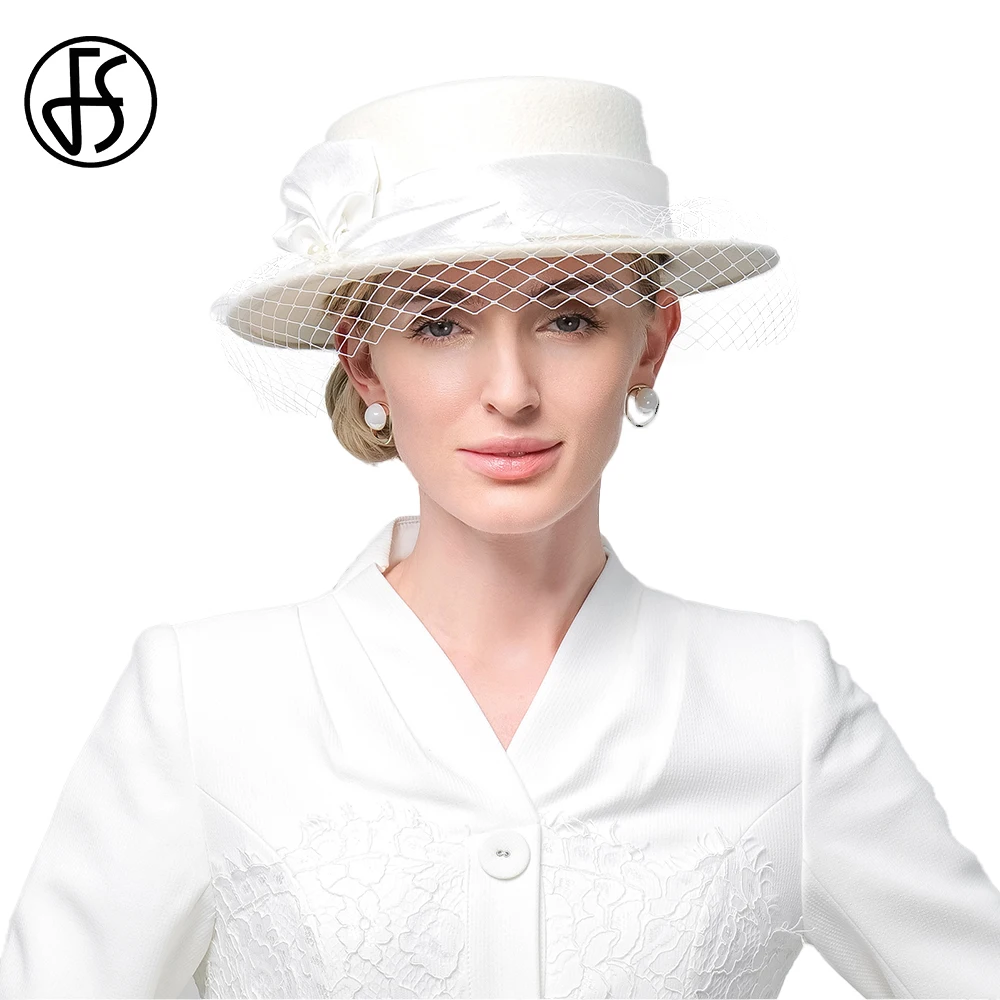 FS White Fedoras Luksusowe czapki z płaskim daszkiem dla kobiet z welonem 2024 Nowa ceremonia ślubna Millinery Winter 100% wełniana filcowa czapka