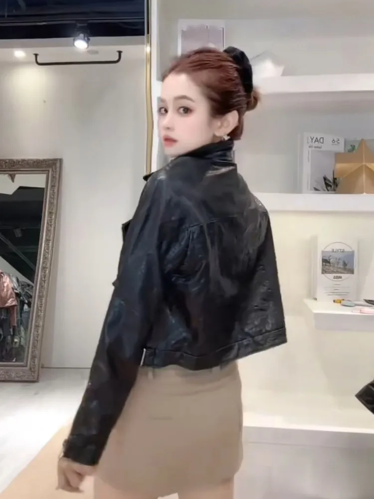 Spring Autumn Womens Black Cowhide Short Jacket Zipper Genuine Leather Coat Fashion Streetwear Lapel Collar Motorcycle Jackets