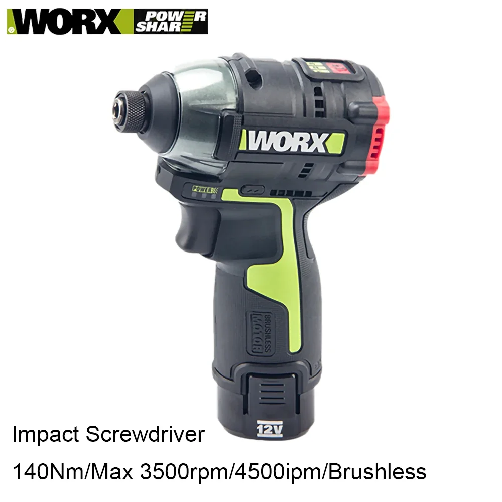 Worx Cordless Impact Screwdriver WU132 140Nm 12v 3300rpm Brushless Motor Adjust Torque Univeral Orange and Green Battery Pack