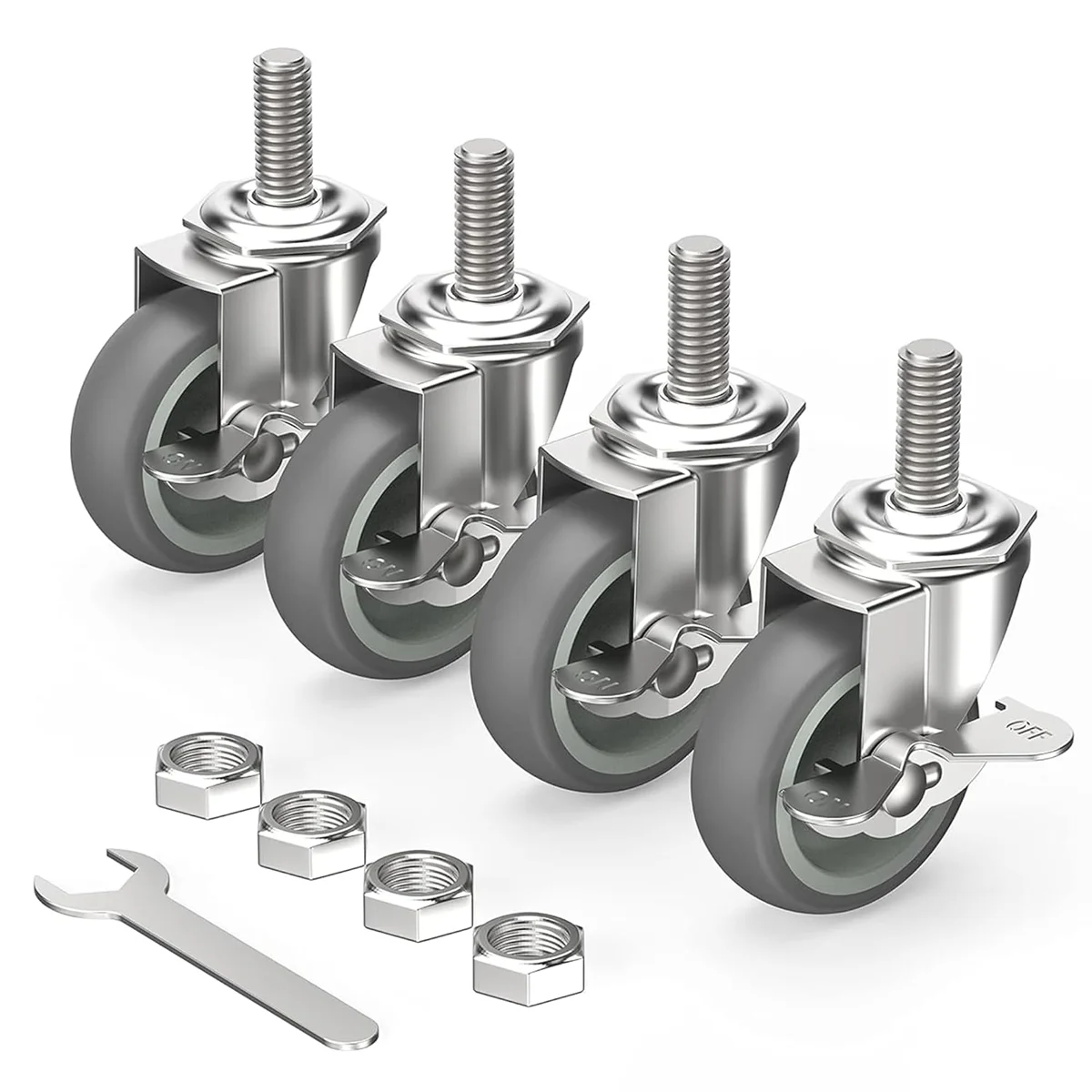 3 Inch Stem Casters Set of 4, Heavy Duty Swivel Wheel with Brake, Metric Size M10-1.5-15 Casters for Workbench Trolley