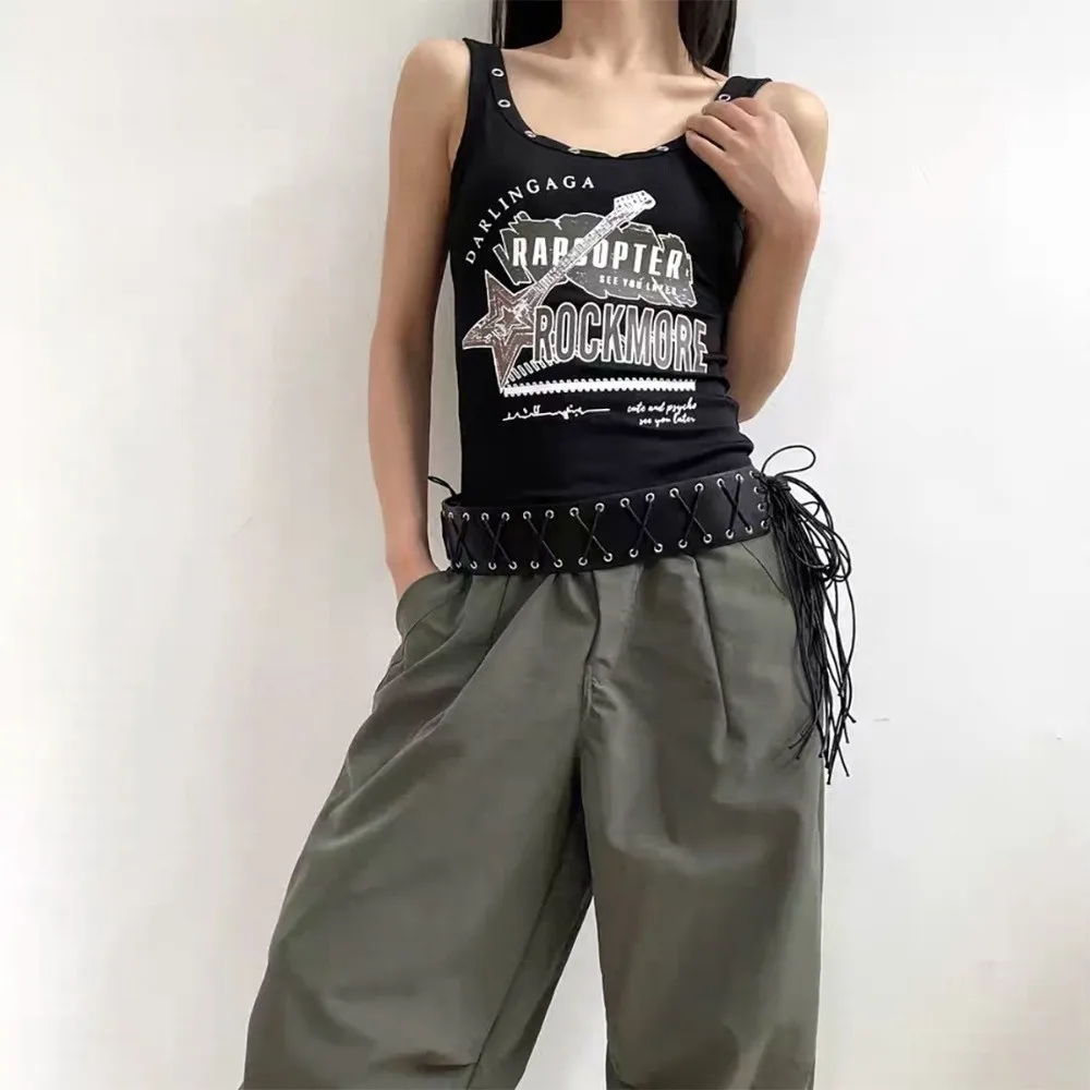 

Fashion Hollow Out Vintage Belt PU Leather Punk Style Tassels Pu Belt Y2K Wide Belt Jeans