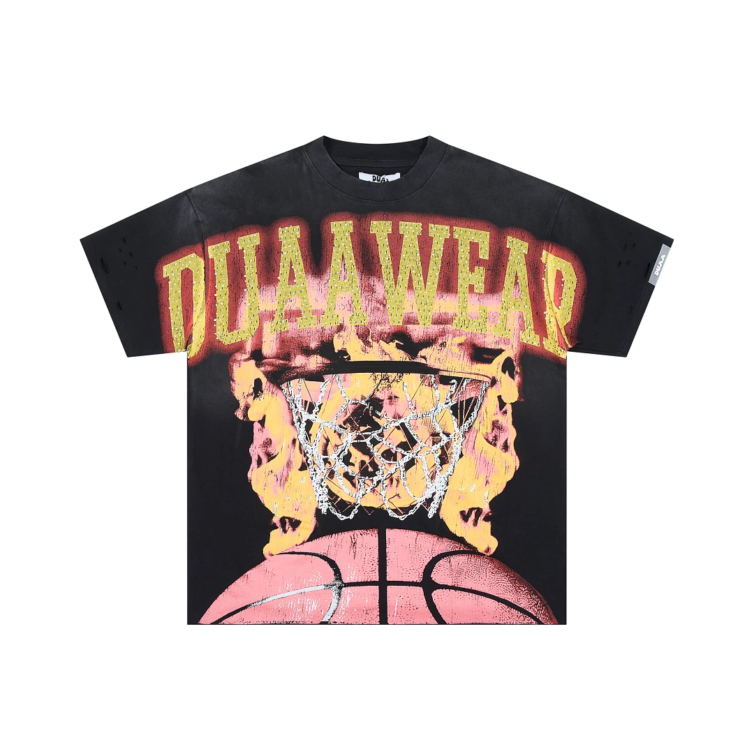 European and American street fashion trendy brand distressed and antiqued short-sleeved glitter-stamped T-shirt