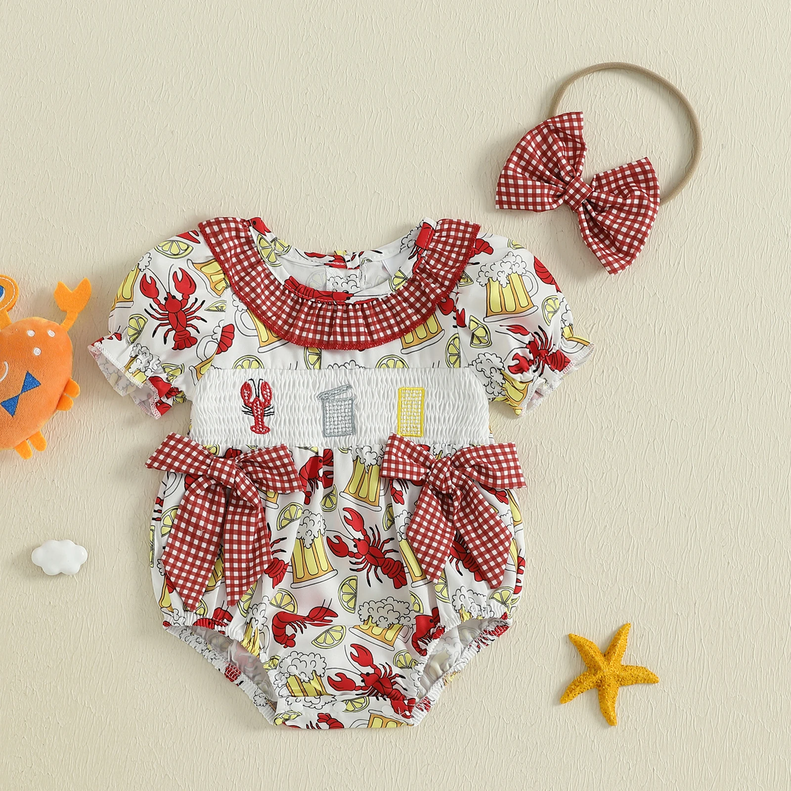 

VISgogo 0-18 Months Baby Girl Lobster Print Romper Short Sleeve Ruffled Round Neck Jumpsuit with Headband Outfits