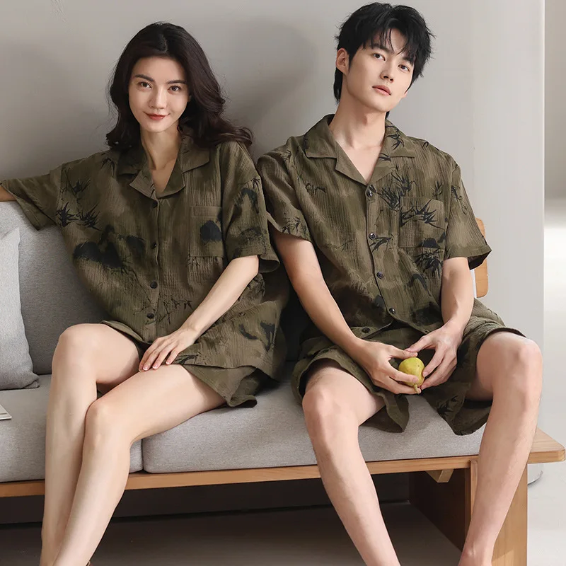 Couples Cotton Sleepwear for Summer Cardigan Short Sleeves Sleeping Top Pant Women and Men Matching Pjs Pyjamas Hombre Mujer