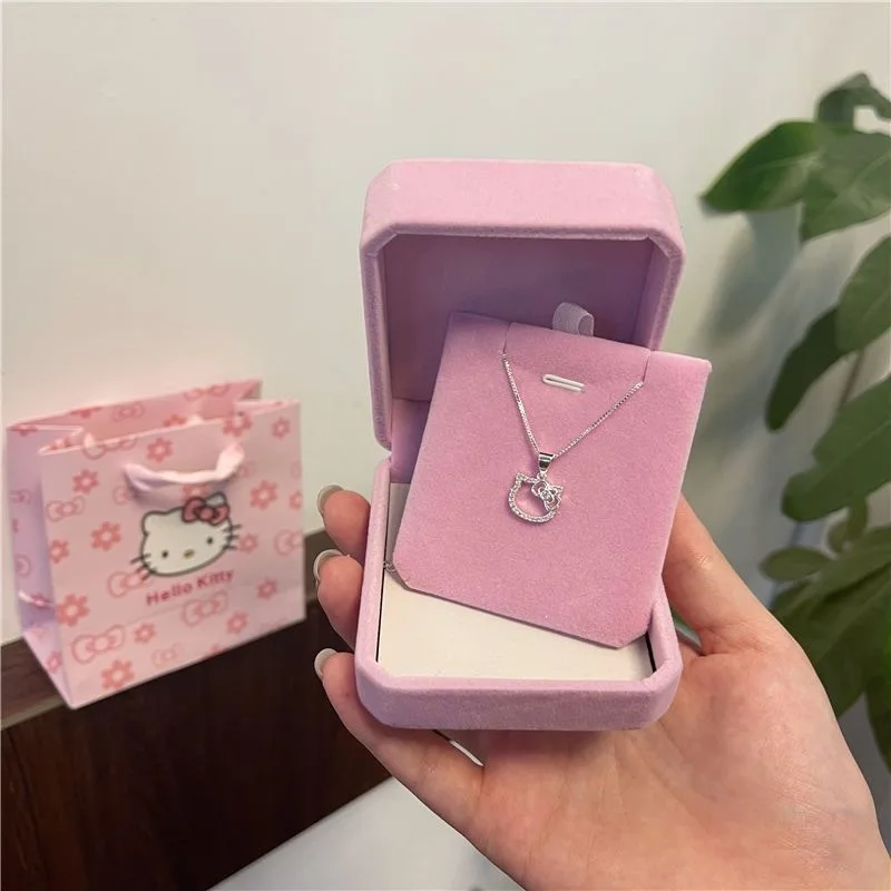 Kawaii Hello Kitty Sanrio pembe kristal kolye gümüş alaşım Anime takı zincir kadın Charm sevgililer aksesuarları kız hediye