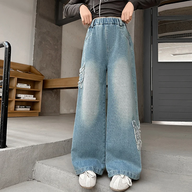Moda para chicas, pantalones vaqueros de pierna ancha con mariposas, pantalones de corte recto, ropa de moda para niños, pantalones vaqueros negros y azules para niños de 5 a 14 años