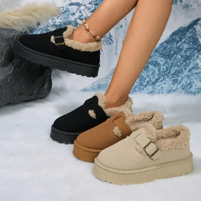 

Women Boots Fashion Winter Platform Shoes Thickened Fluff Women's Snow Boots Shallow Mouth Round Toe Warm Women Flats Boots