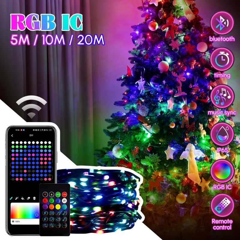 

NEW RGBIC Christmas Smart String Lights BLack/Sliver Line Xmas Tree String Lamp USB Bluetooth APP Control Garlands Fairy Lights