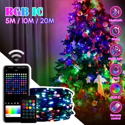 RGB Natal inteligente String Lights, Xmas Tree String Lamp, USB, Bluetooth, App Control, guirlandas, Fairy Lights, Silver Line, Novo