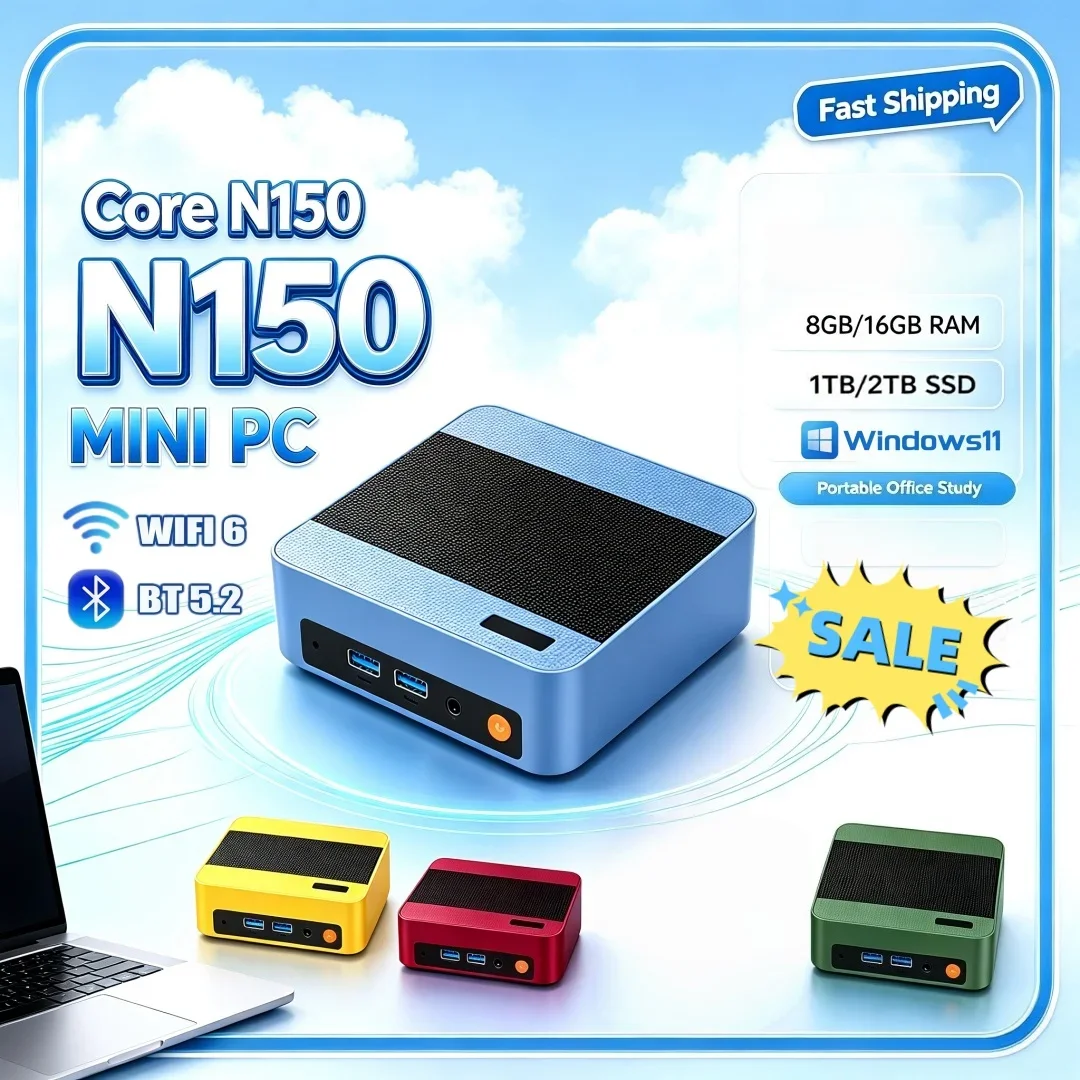 Office MINI PC Win11 Multiple Colors Intel Core N150 High‑Performance Lightweight Portable Wifi6 BT5.2 16GB RAM 1TB/2TB SSD