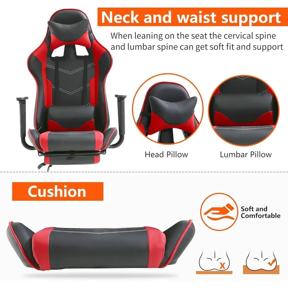 Ergonomic PU Leather Gaming Chair with Lumbar Support and Footrest for Men and Women, Red view 4