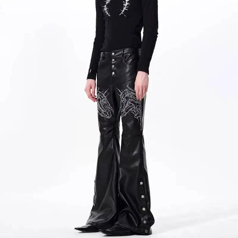 LUZHEN 2026 Buttoned Decorate Embroidery Pattern Leather Bell-bottoms Trousers Men's Fashion Handsome Street Casual Pants JY6449